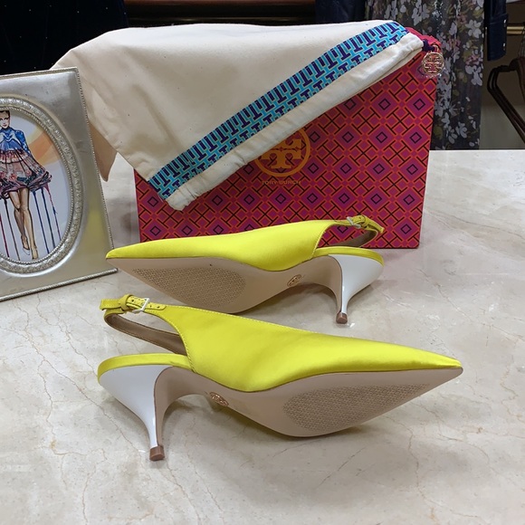 HOST PIC TORY BURCH SATIN SLINGBACK PUMP ACIDIC YELLOW WHITE PATENT HEEL SIZE 8 - Picture 11 of 15